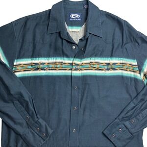 Roper Mens Western Shirt‎ Large Aztec Teal Long Sleeve Button Up Pearl Snap